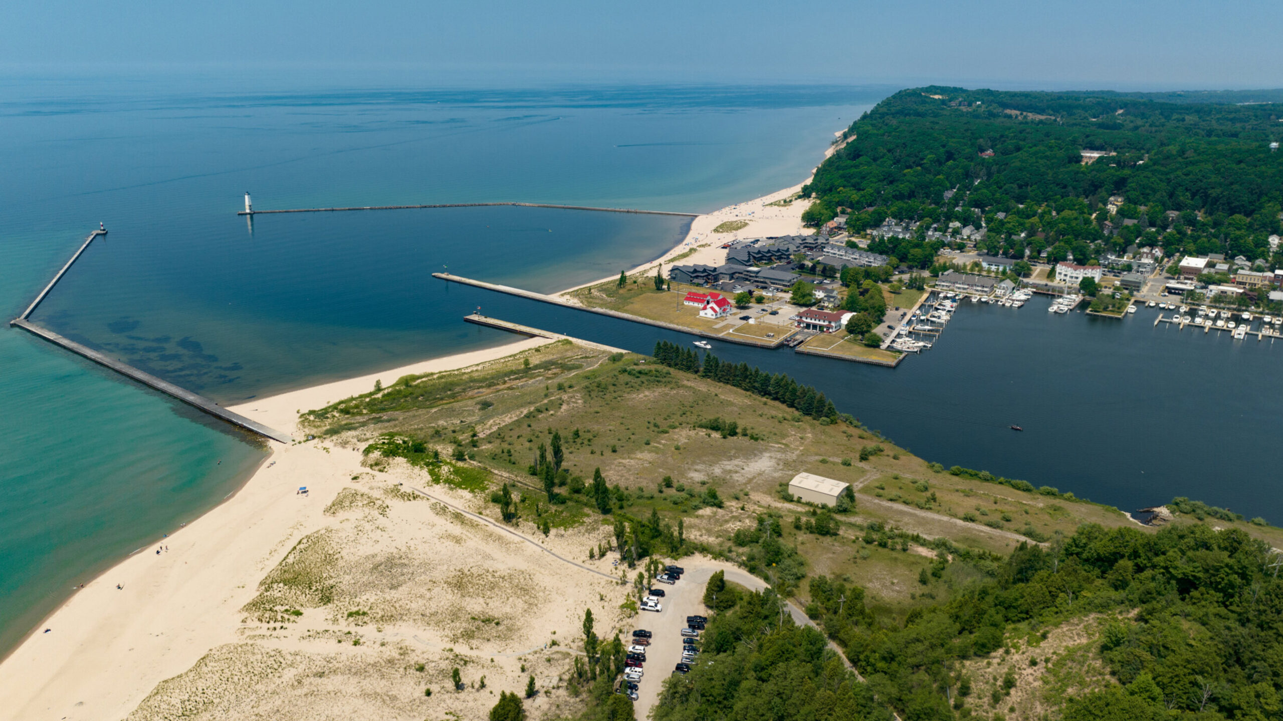 aerial view of Elberta beach along Lake Michigan